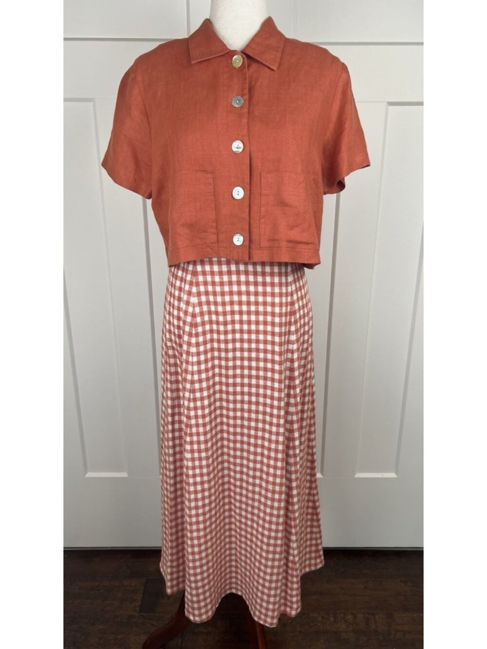 Vintage Carol Anderson Linen Gingham Dress Set Jacket Size 6 Coral Cottagecore